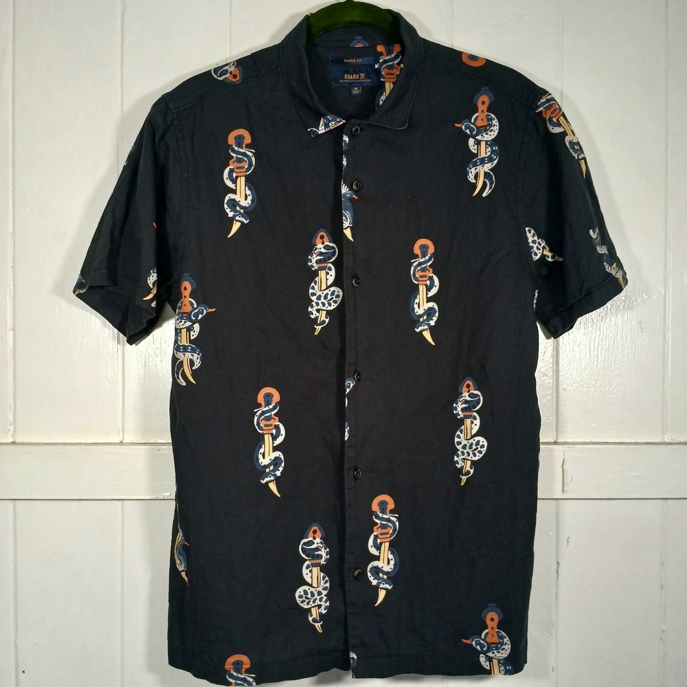 Roark Linen Blend‎ Tattoo Dagger Snake Button Up Shirt Mens Medium Navy Cotton
